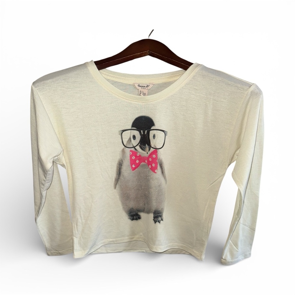 Forever 21 Kids Ivory Cute Penguin Long Sleeve Tee Girls 11/12 Arctic T-Shirt